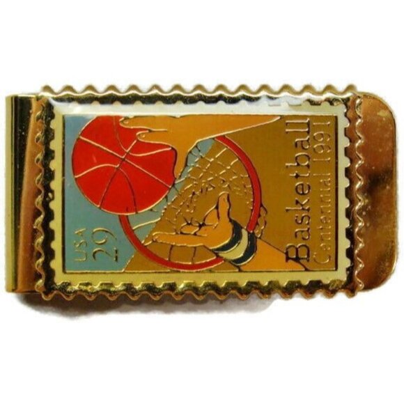 Basketball Centennal 1991 Stamp USA 29 Golden Cash Holder Wallet Vtg Money Clip - Picture 1 of 7